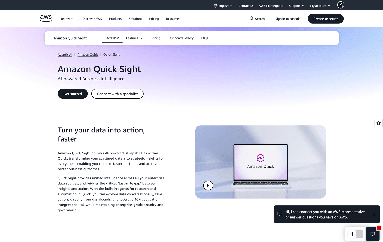 Amazon Quick Sight product page for AI-powered business intelligence