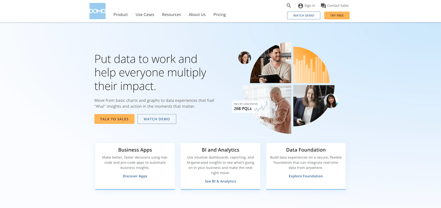 Domo homepage showing its business apps, BI and data foundation offerings