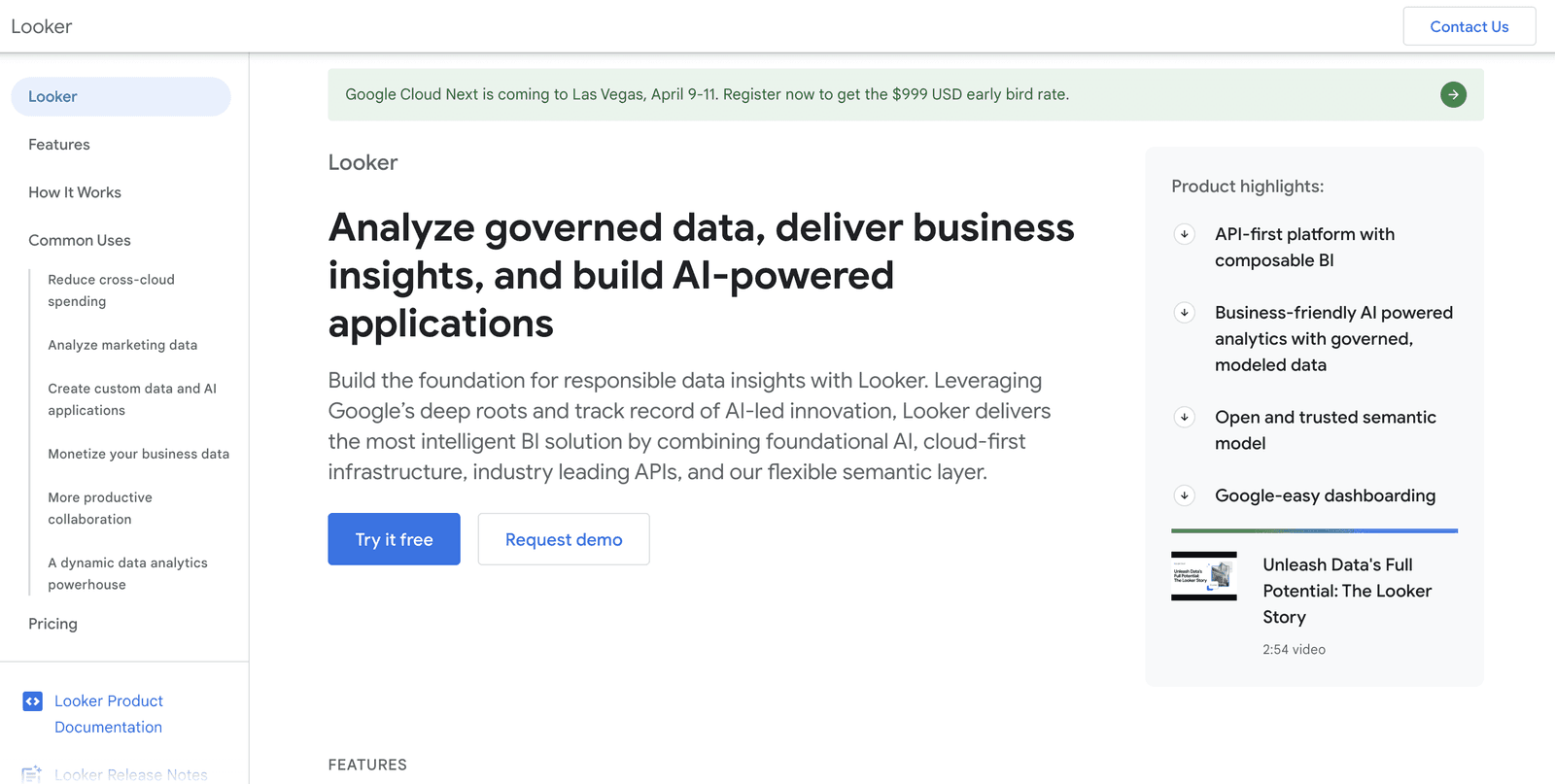 Looker product page on Google Cloud describing governed, AI-powered analytics