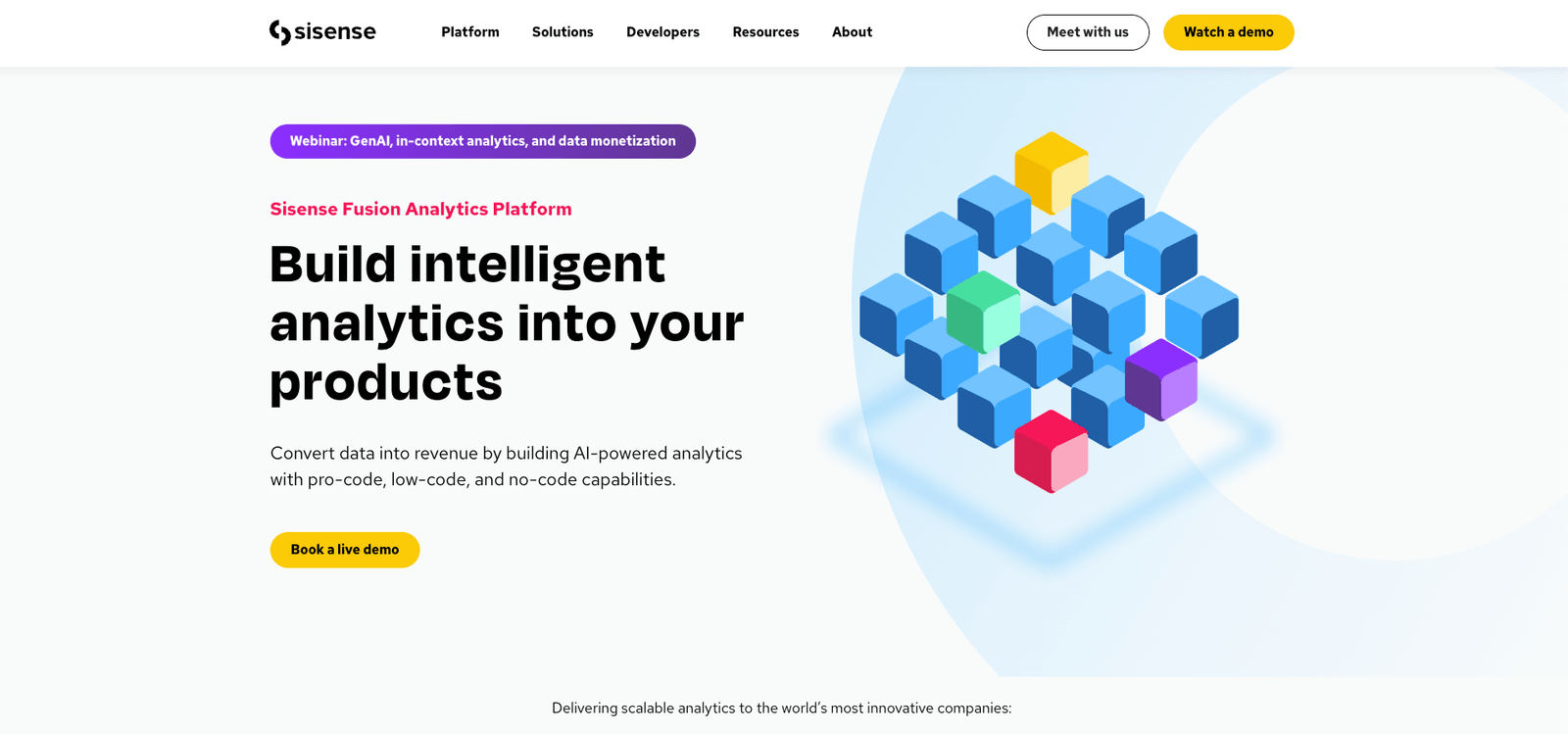 Sisense homepage for building intelligent analytics into products